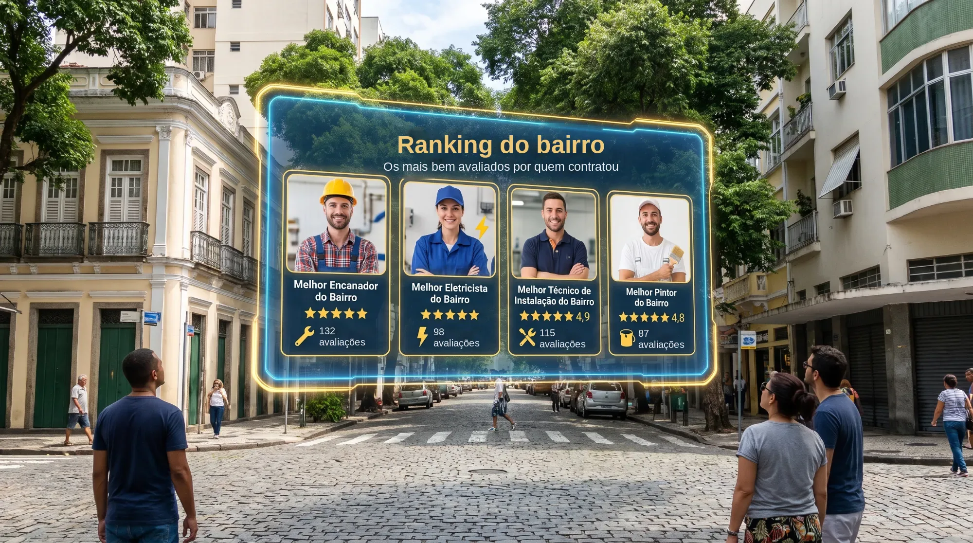 Numa rua do bairro, um painel com os mais bem avaliados — encanador, eletricista, técnico de instalação e pintor —, cada um com a nota e o número de avaliações; pessoas na calçada olham para o painel.