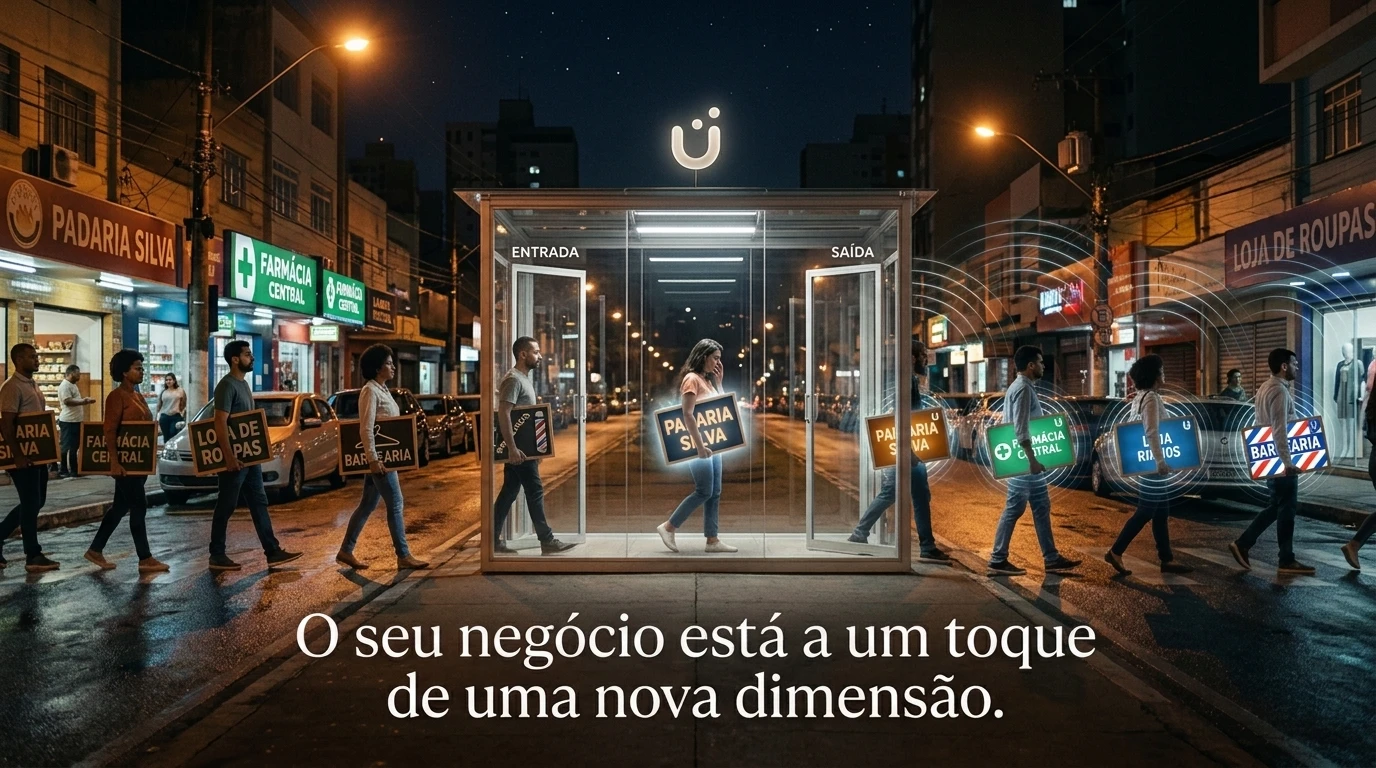 Comerciantes de uma rua entrando, um a um, numa cabine com o símbolo do üShow, com o texto: O seu negócio está a um toque de uma nova dimensão.