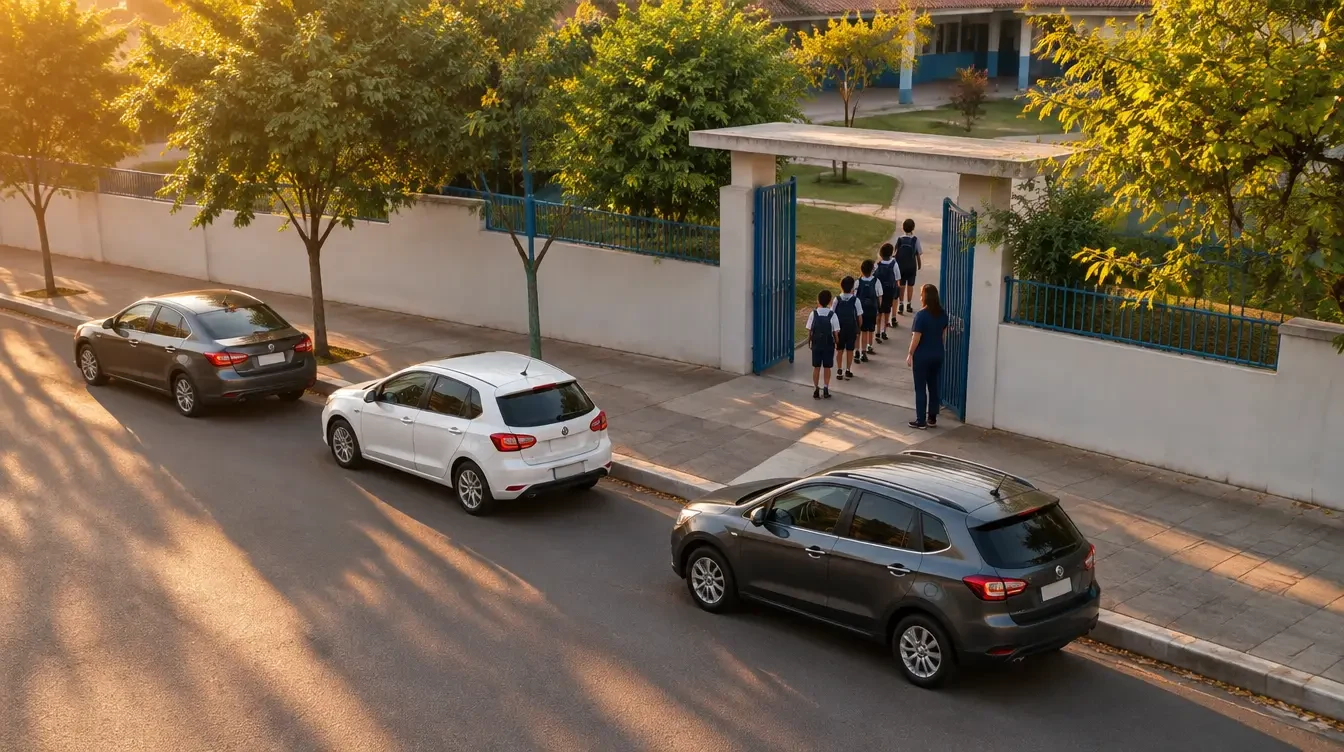 A saída da escola: carros encostando no meio-fio e a fila de alunos, de costas, saindo com a professora.