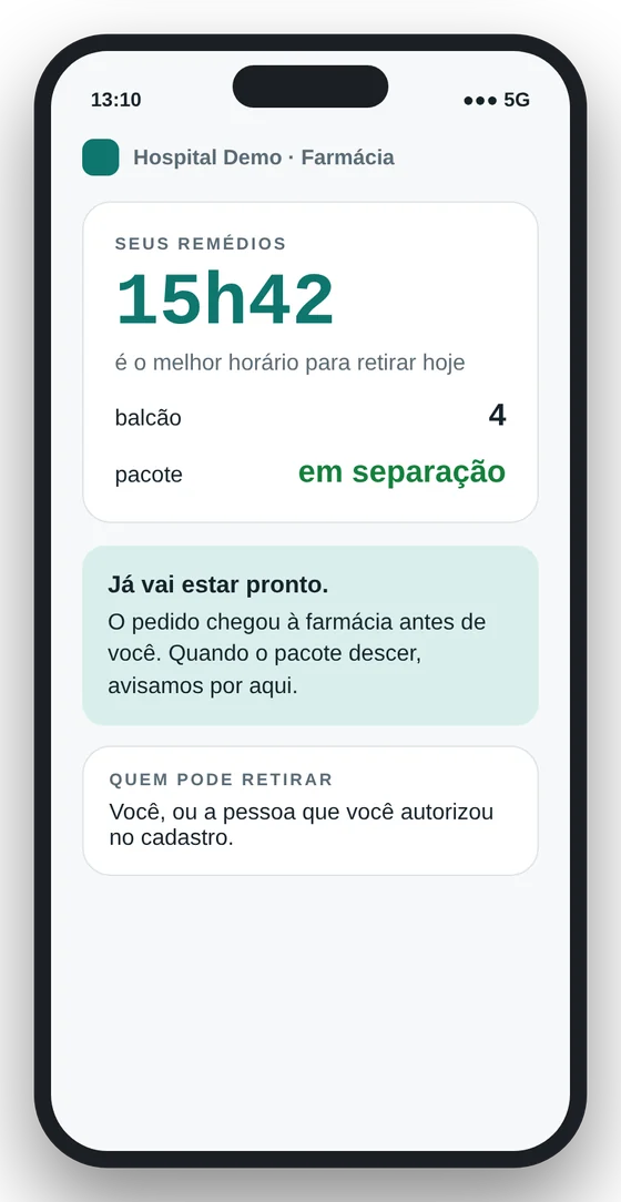 Celular indicando 15h42 como o melhor horário para retirar os remédios, no balcão 4