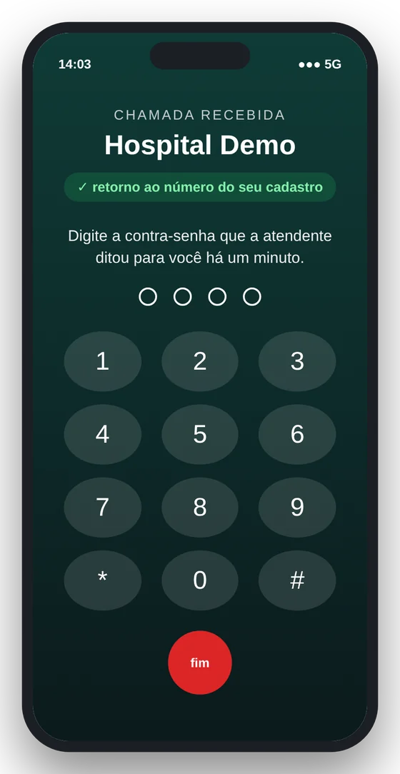 Celular recebendo a ligação de retorno do hospital, pedindo a contra-senha de quatro dígitos