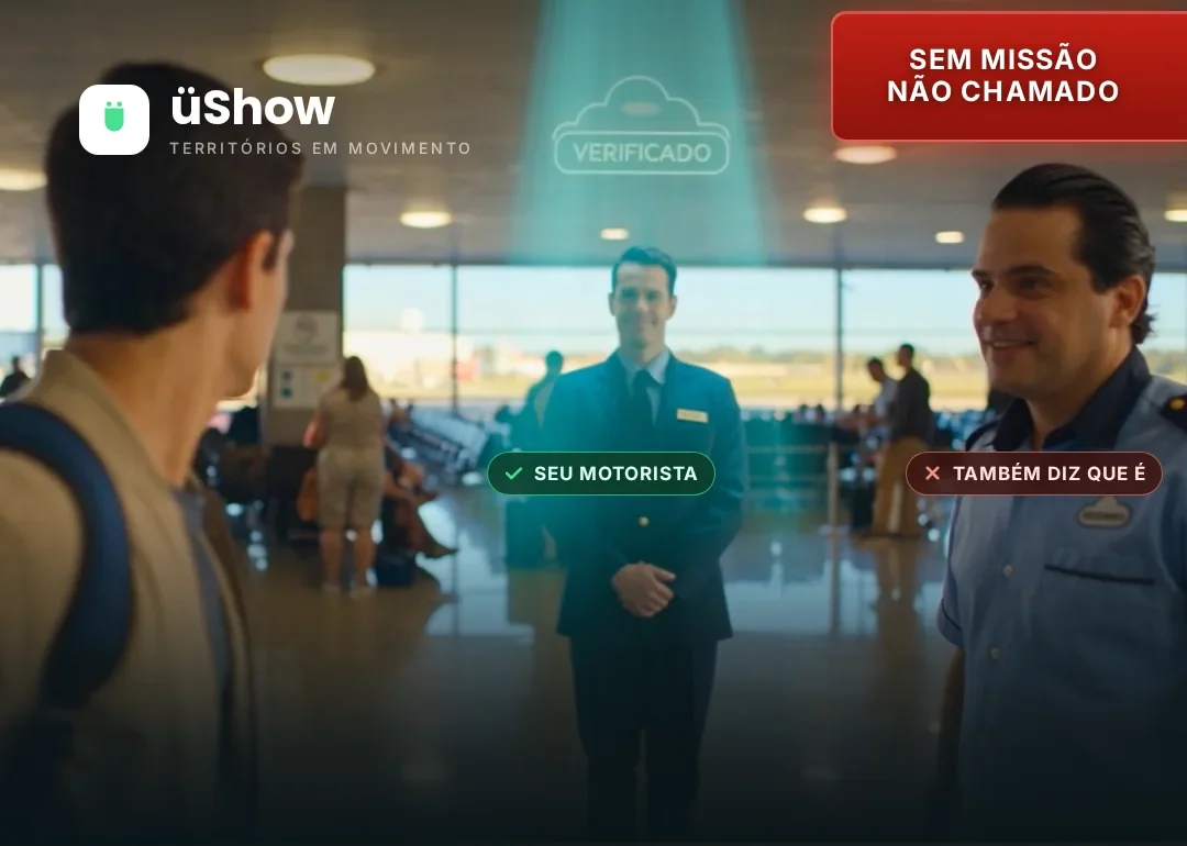 No saguão de um aeroporto, dois homens de uniforme esperam um passageiro: sobre um deles desce a confirmação — seu motorista; o outro também diz que é, mas não foi chamado.