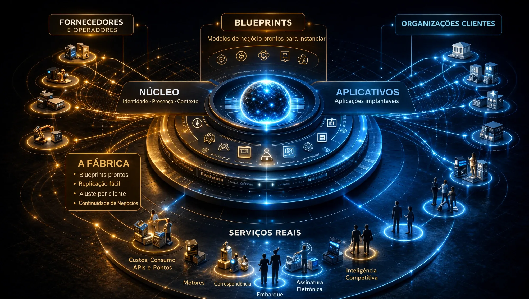 Diagrama: fornecedores e operadores à esquerda, os blueprints no alto, o núcleo e os aplicativos ao centro, e as organizações clientes à direita, ligados aos serviços reais embaixo.