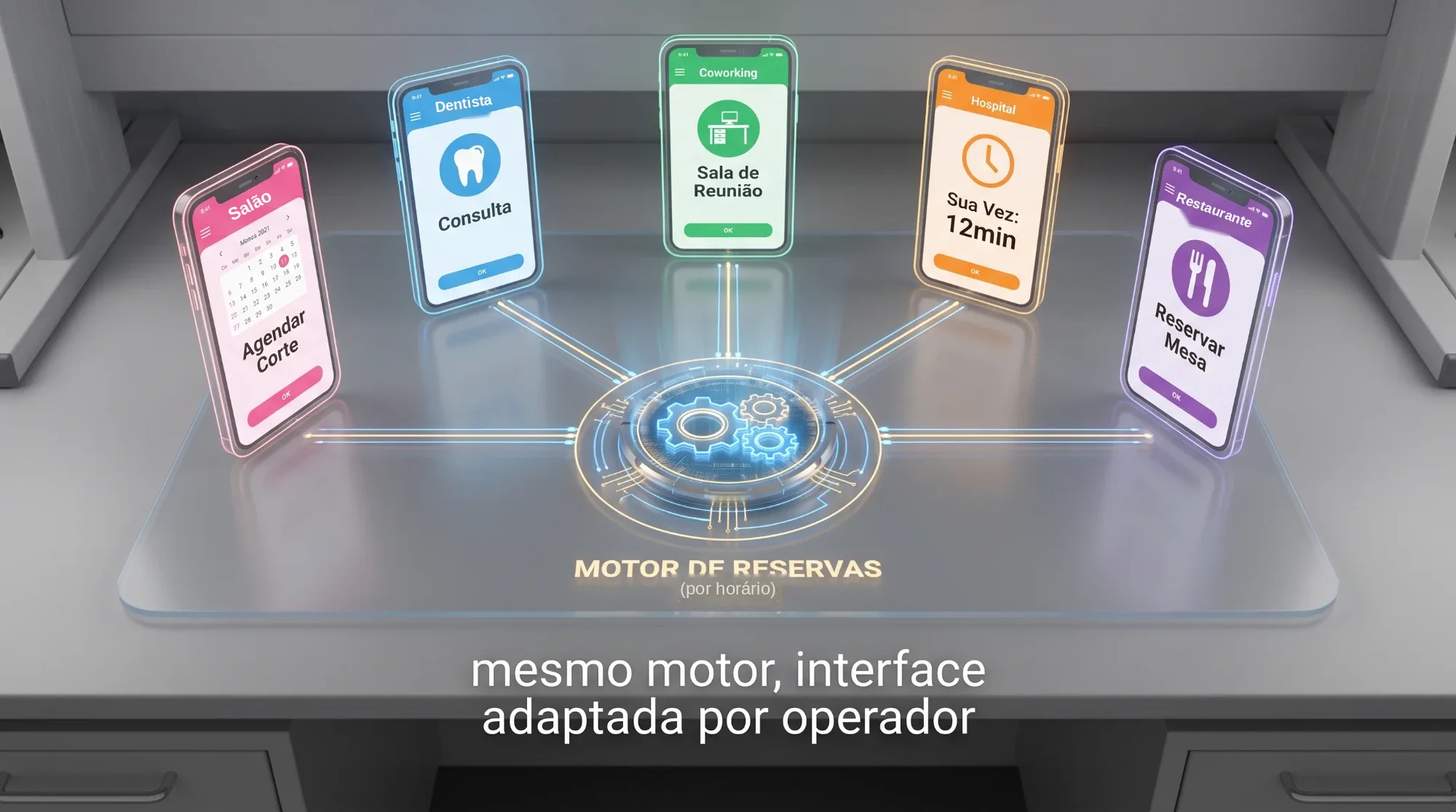Cinco celulares em volta de um motor de reservas: salão, dentista, sala de reunião, hospital e restaurante — mesmo motor, interface adaptada por operador.