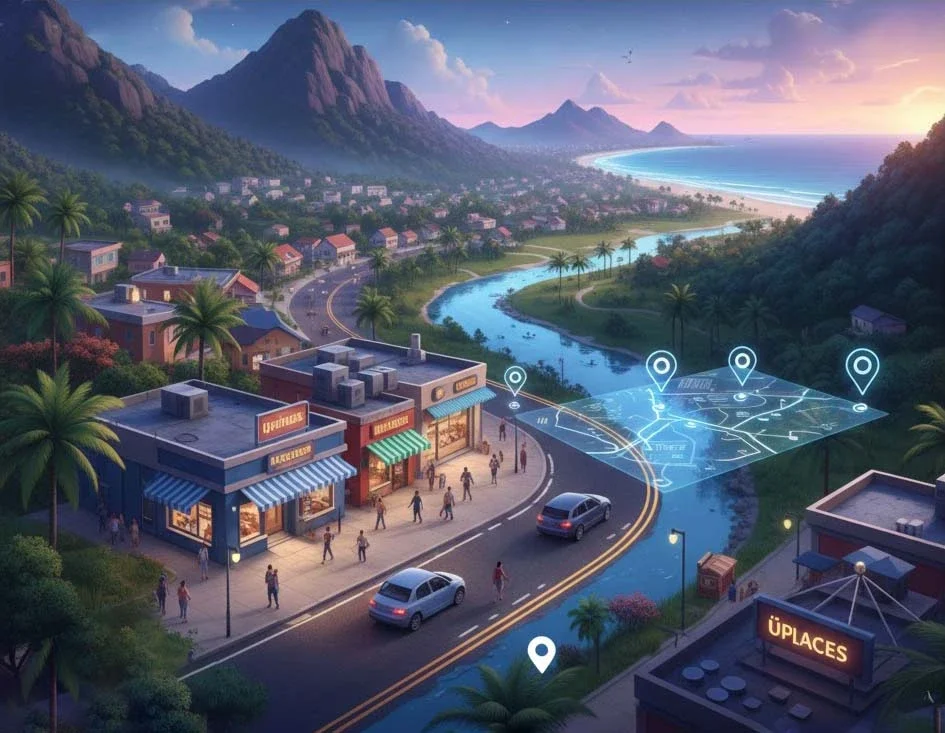 Uma cidade costeira ao entardecer, com lojas na rua principal, lugares marcados e um mapa da região sobreposto à paisagem.