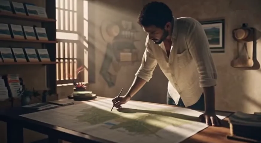 Detalhe de um mapa físico com pontos do roteiro sendo marcados à mão.
