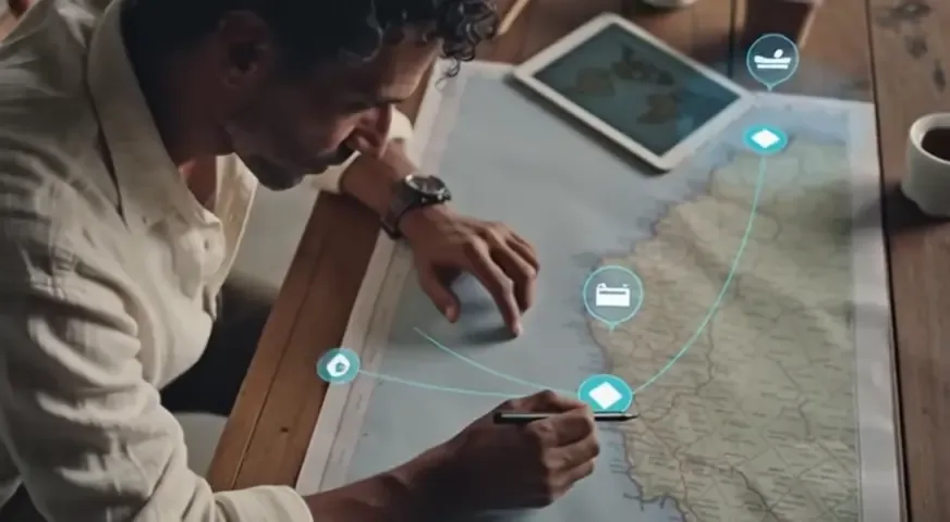 Tablet mostrando o mapa de uma rota regional com pontos conectados, cada um com o nome do lugar e a curadoria do operador.