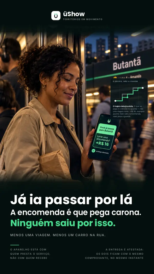 Uma mulher na estação Butantã, com uma encomenda debaixo do braço, vê no celular o convite para levá-la no caminho que já faria.