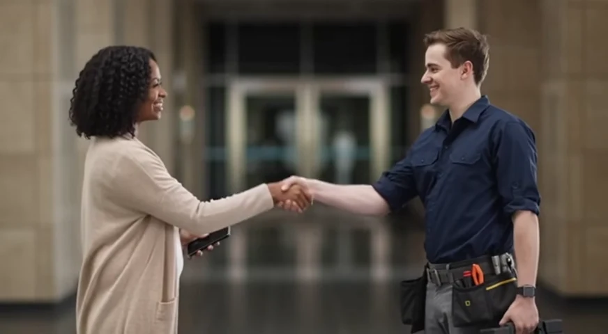 Num saguão, uma moradora e um técnico de ferramentas na cintura se cumprimentam com um aperto de mão, os dois sorrindo.