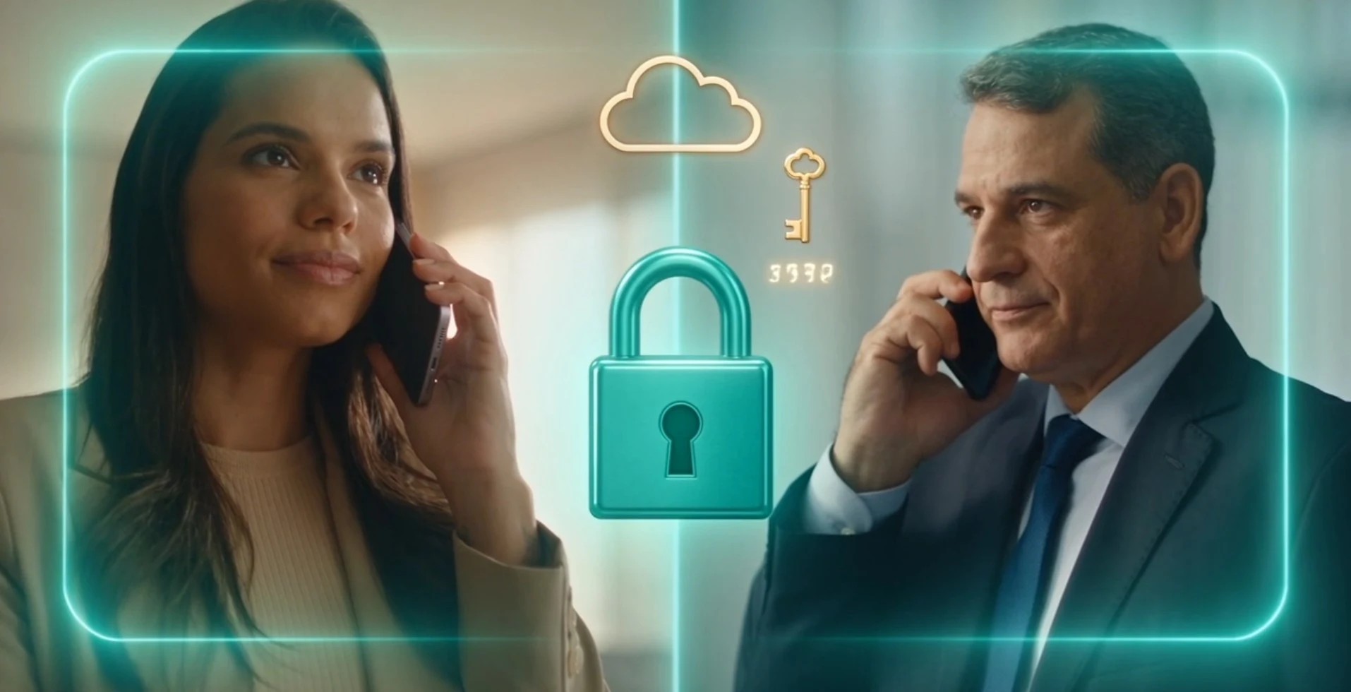 Duas pessoas ao telefone, cada uma num canto da tela; entre elas, uma nuvem, uma chave e um cadeado — o sinal de que a ligação foi conferida antes de atender.