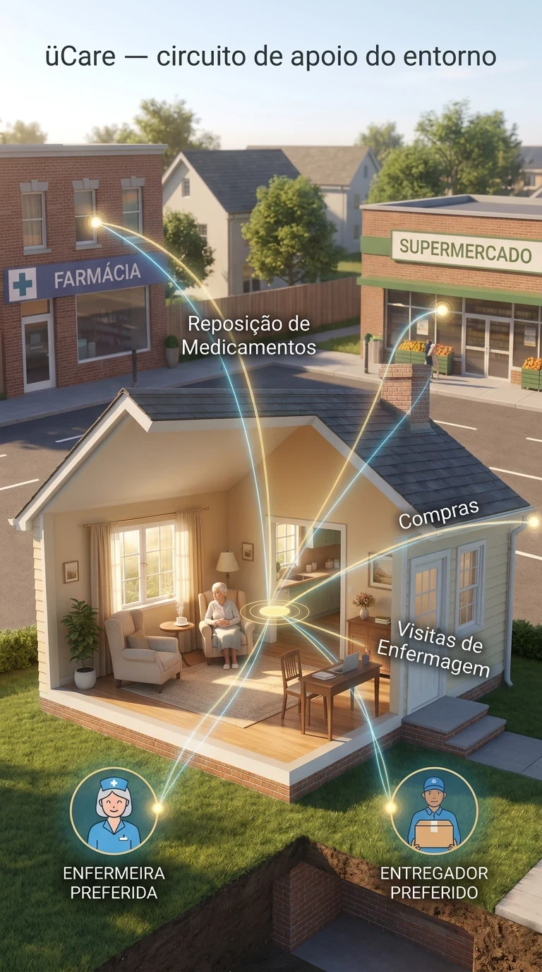 A casa de uma idosa aberta em corte, ela sentada na poltrona; fios de luz ligam a sala à farmácia e ao supermercado da esquina — reposição de medicamentos, compras e visitas de enfermagem —, com a enfermeira e o entregador de sempre.